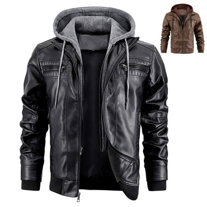 Men's faux leather hooded jacket in black with front zipper pockets and a hood, compared to a brown faux leather jacket.