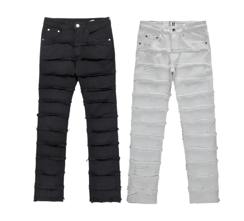 Two pairs of distressed jeans, one black and one white, feature horizontal frayed lines. They are laid flat side by side on a white background.