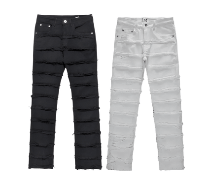 Two pairs of distressed jeans, one black and one white, feature horizontal frayed lines. They are laid flat side by side on a white background.