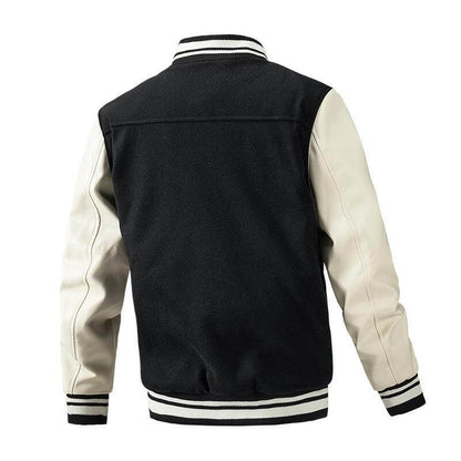 Black varsity jacket with white sleeves on a white background