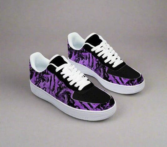 Stylish sneakers with a black and purple marbled pattern, white soles, and laces, set on a plain gray background