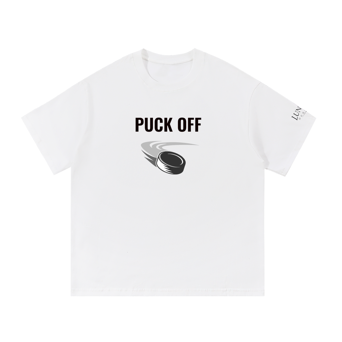 A white short-sleeve crewneck t-shirt with a black graphic print on the chest reading 'PUCK OFF' above a stylized hockey puck and motion lines, shown on a plain white background.