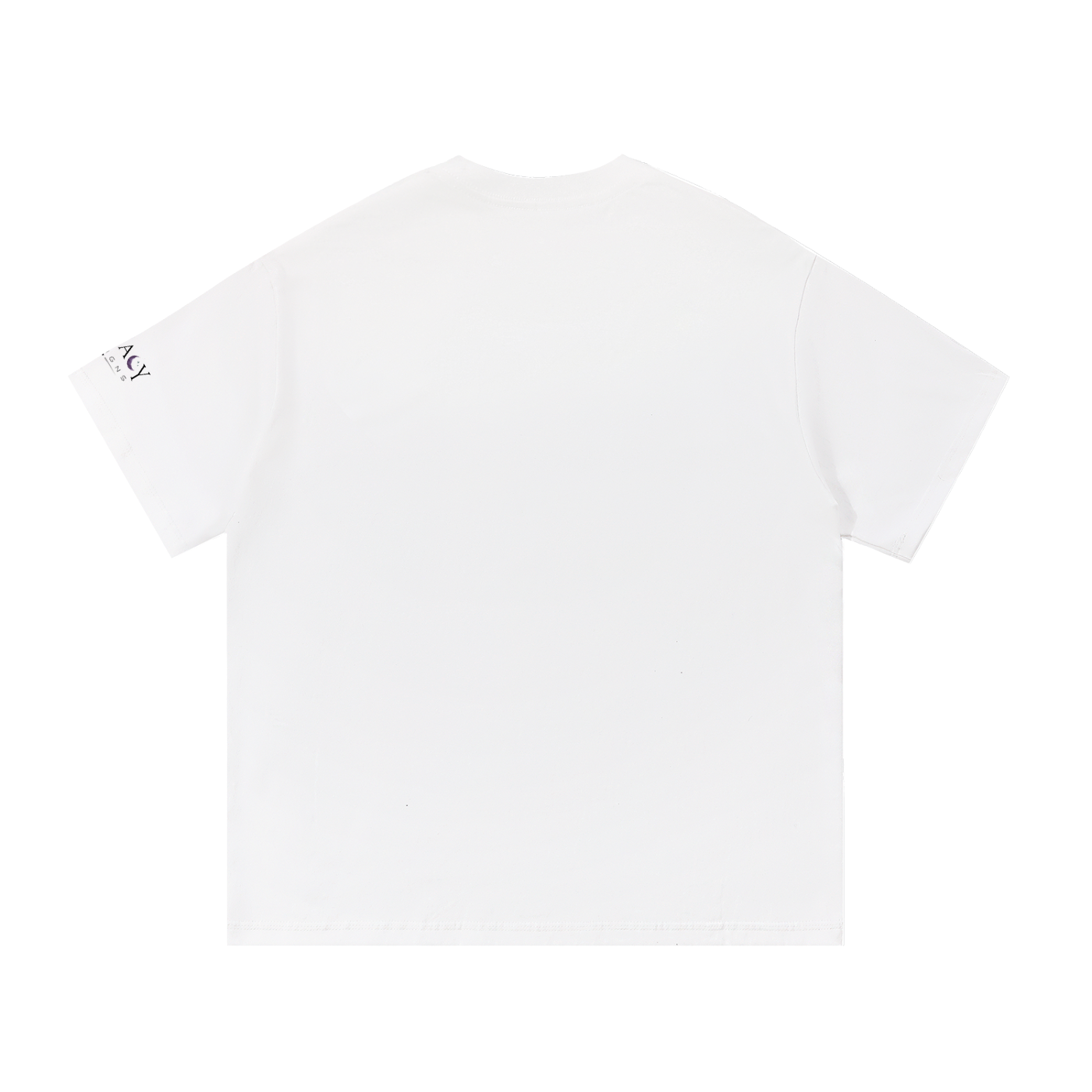 A plain white short-sleeve t-shirt shown from the back, featuring a small black vertical 'MADE' text print on the left sleeve, set against a solid white background.