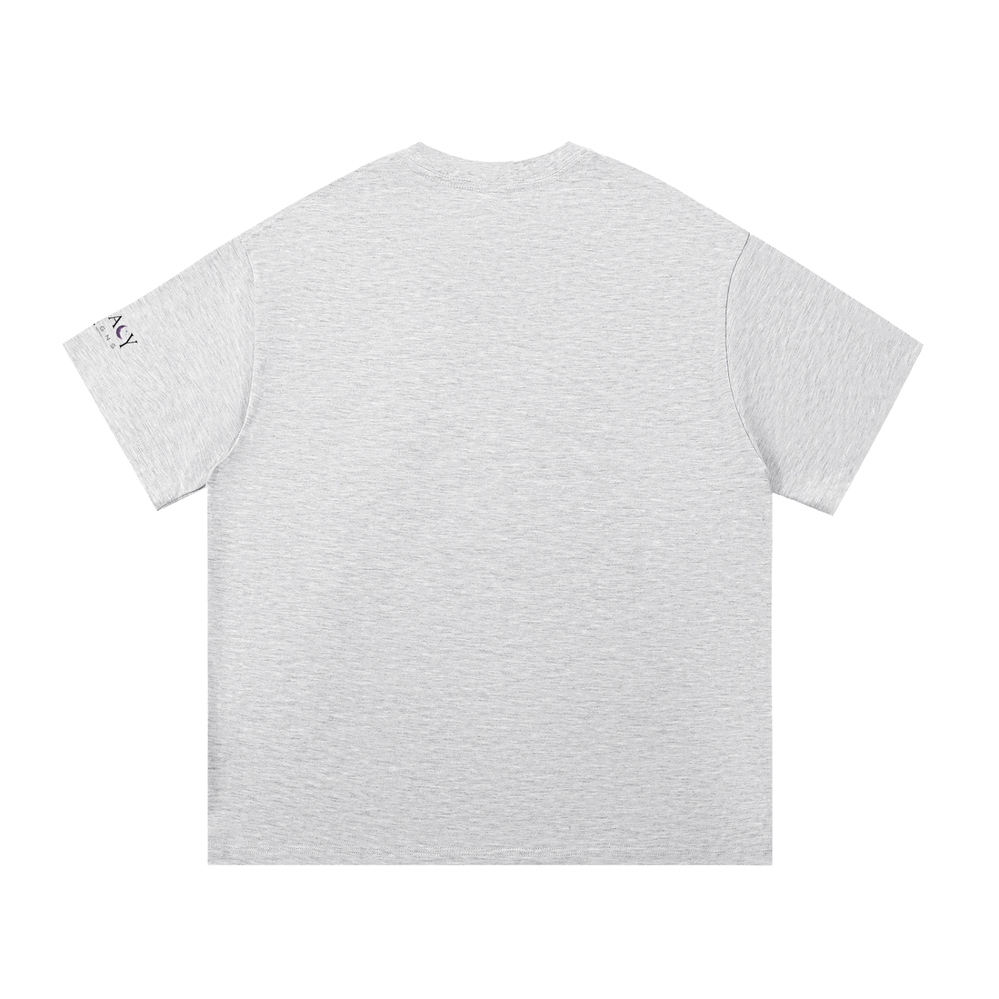 Gray t-shirt with text on the back against a white background