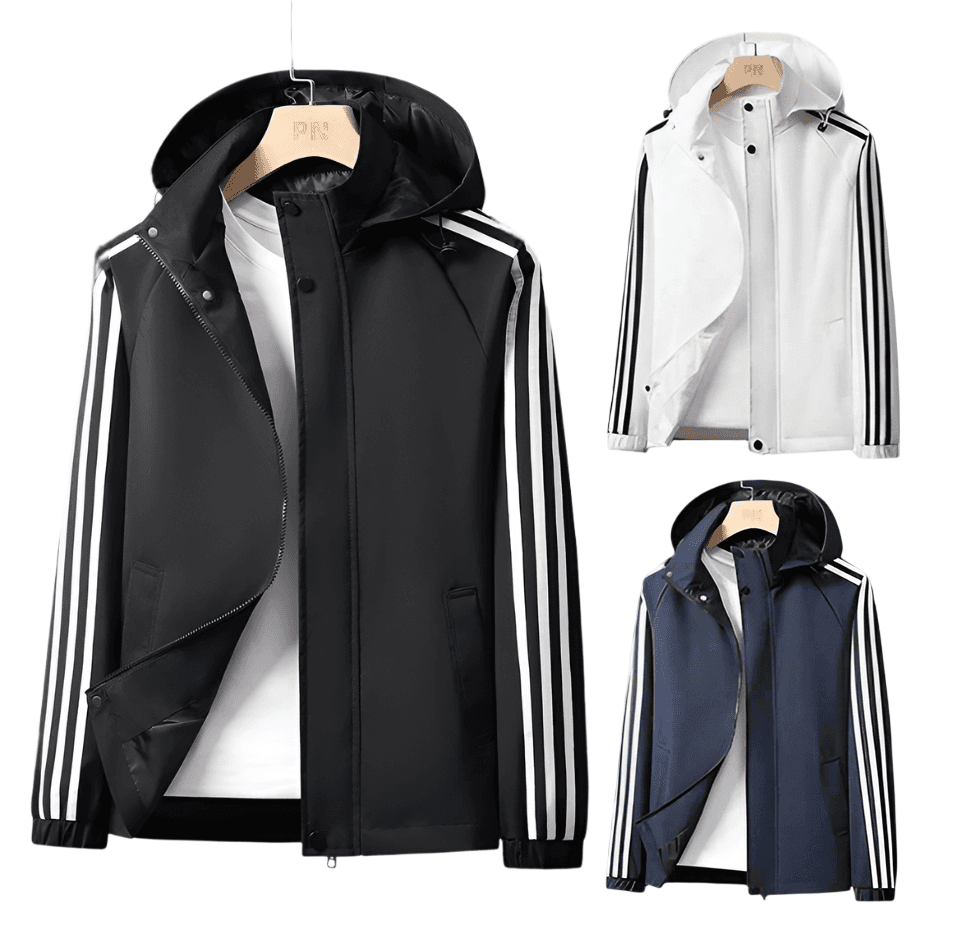 Three striped lightweight jackets with detachable hoods, displayed in black, white, and blue colors.