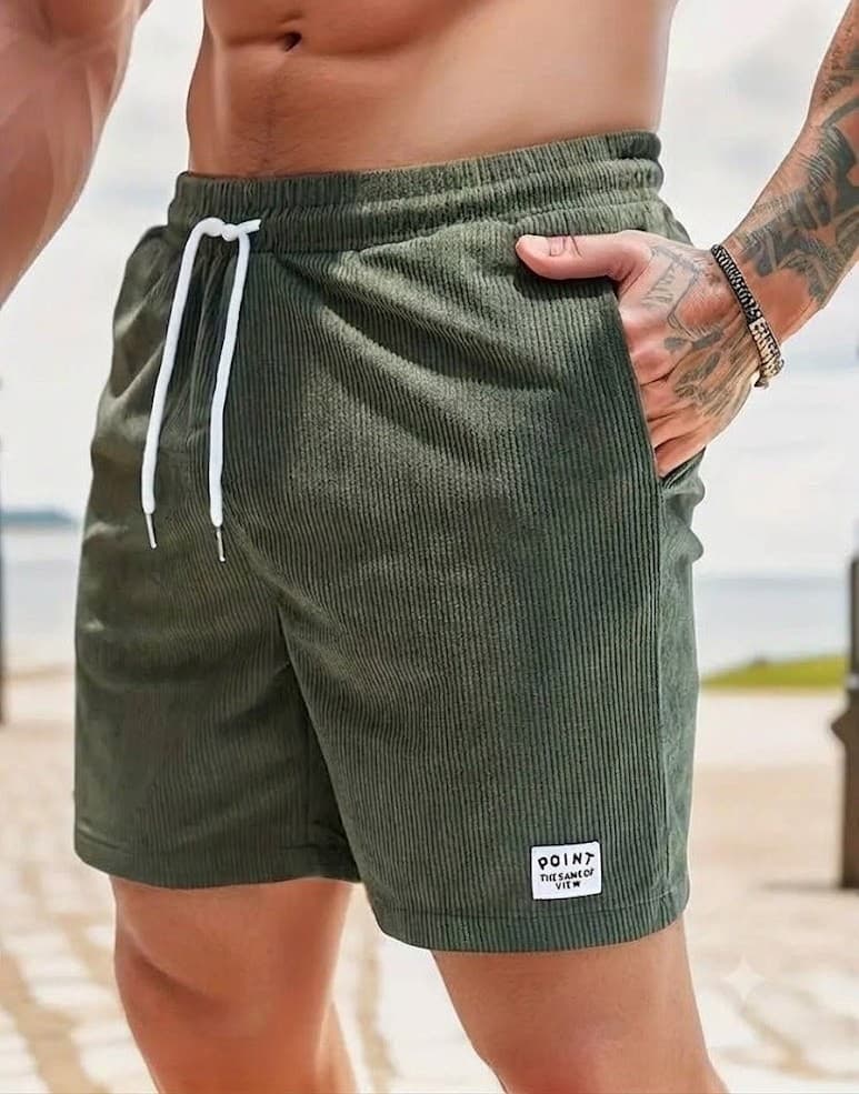 A close-up of a man wearing olive green corduroy shorts with a white drawstring and a small white patch near the hem, set against an outdoor beach background.