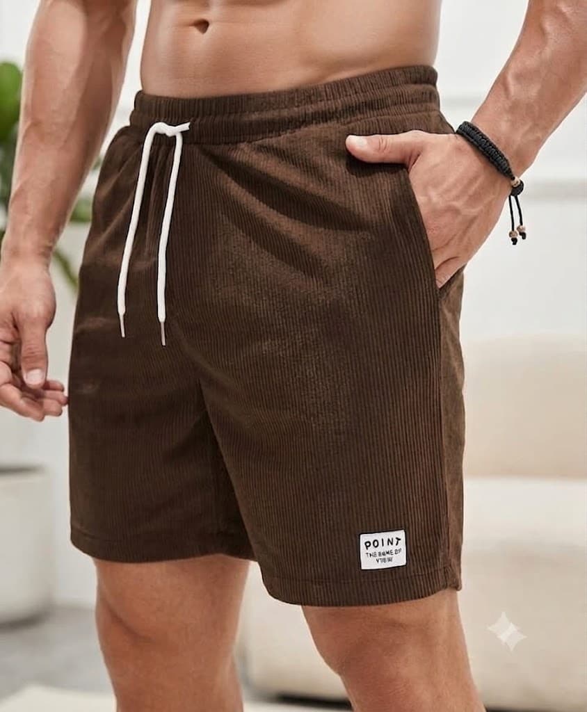 A close-up of a person wearing brown corduroy shorts with a white drawstring and a small white patch near the hem. The background is a softly blurred indoor setting.