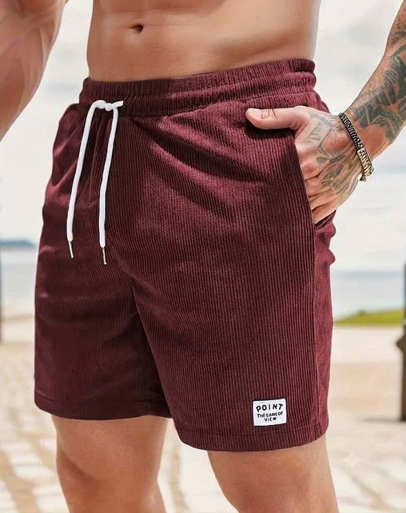 A close-up of a person wearing burgundy corduroy shorts with a white drawstring and a small white patch near the hem, photographed outdoors on a beach.