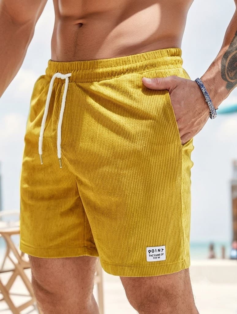 A close-up of a man wearing mustard yellow corduroy shorts with a white drawstring and a small white patch near the hem, set against a blurred beach background.