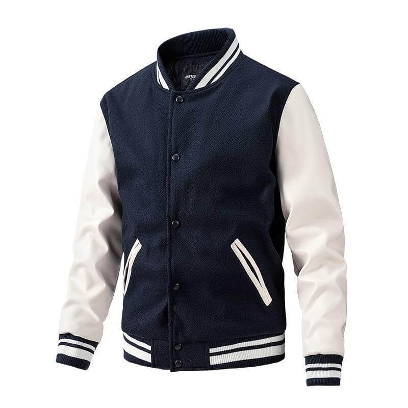 Navy and white varsity jacket on a white background