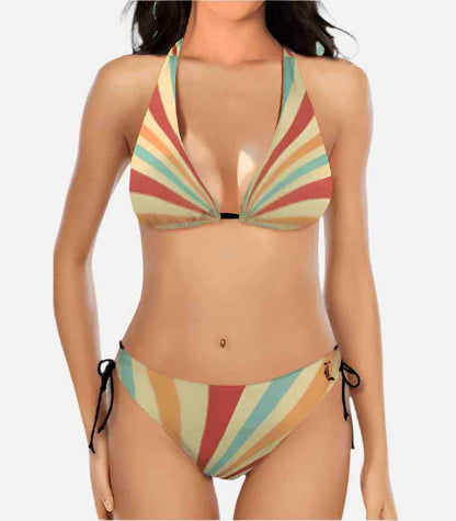 Multicolored striped bikini on a white background