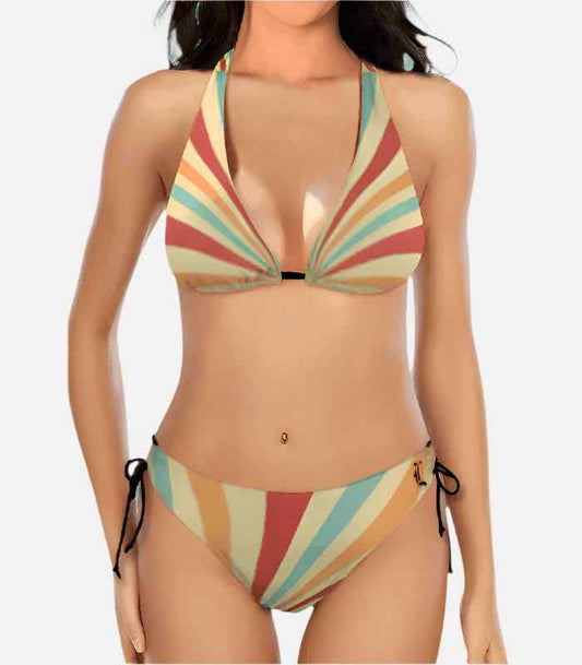 Multicolored striped bikini on a white background