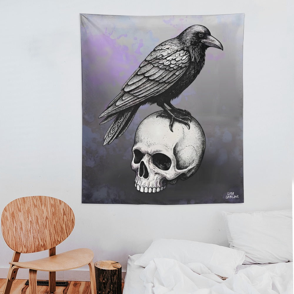 Skull and raven tapestry hanging in a bedroom