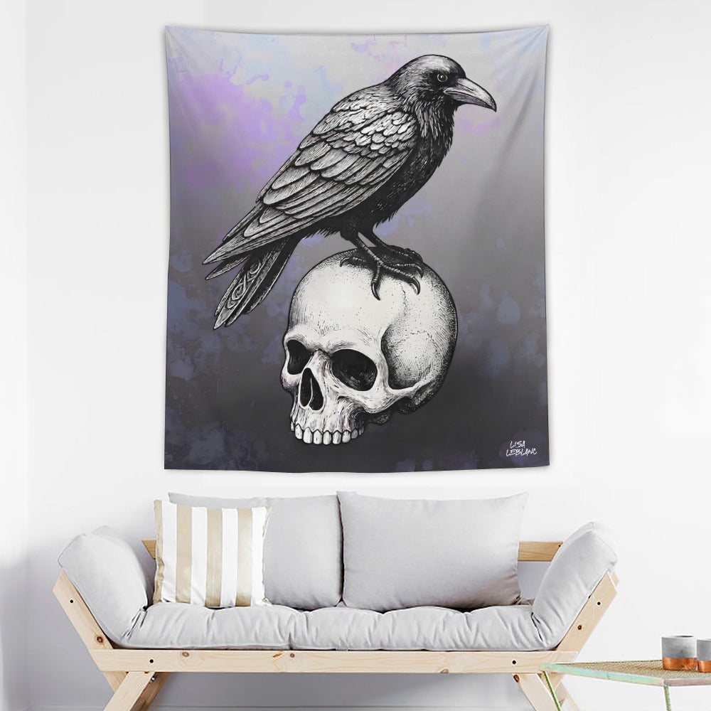 skull and raven tapestry above a couch