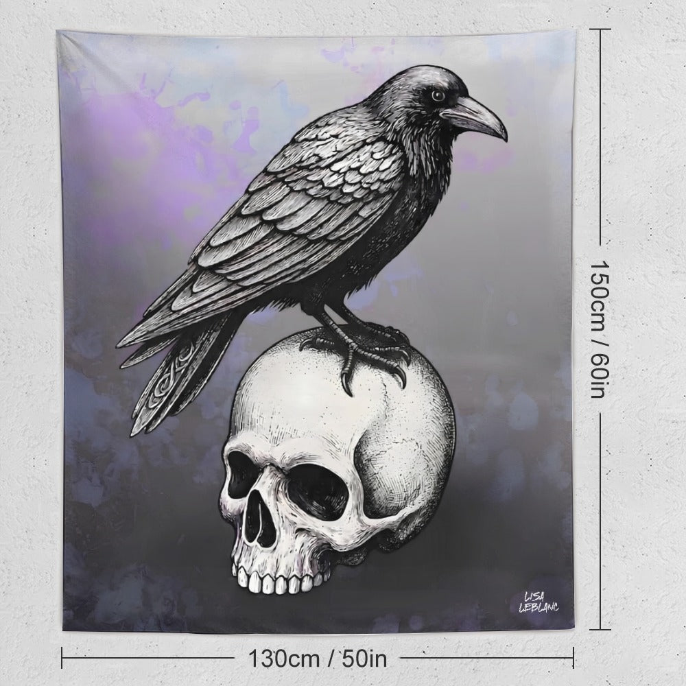skull and raven tapestry showing the measurements