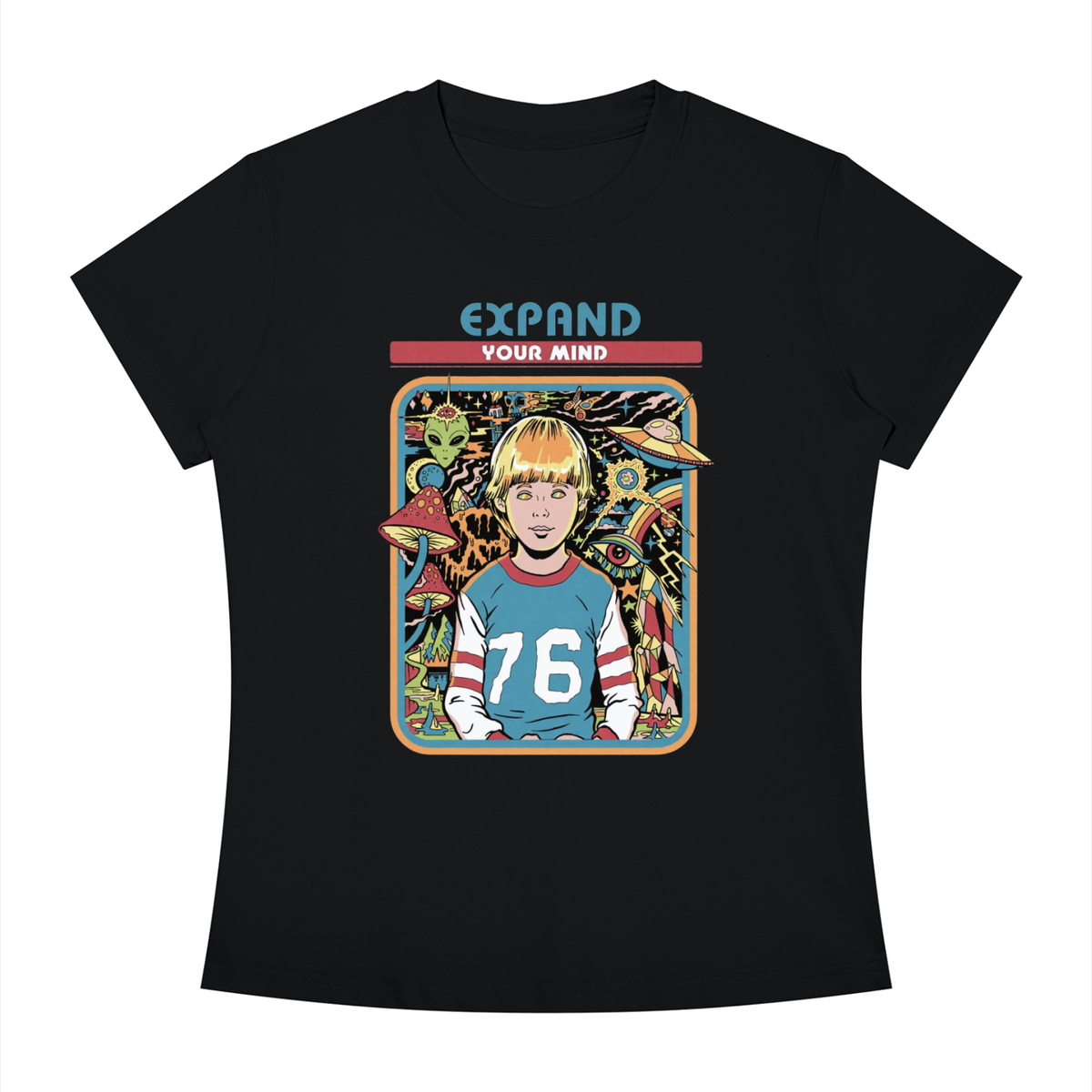 A black short-sleeve crewneck t-shirt featuring a colorful graphic print on the front. The graphic displays the text 'EXPAND YOUR MIND' above an illustration of a blonde boy in a blue and red sports jersey with the number 76, surrounded by space-themed doodles like planets and rockets.