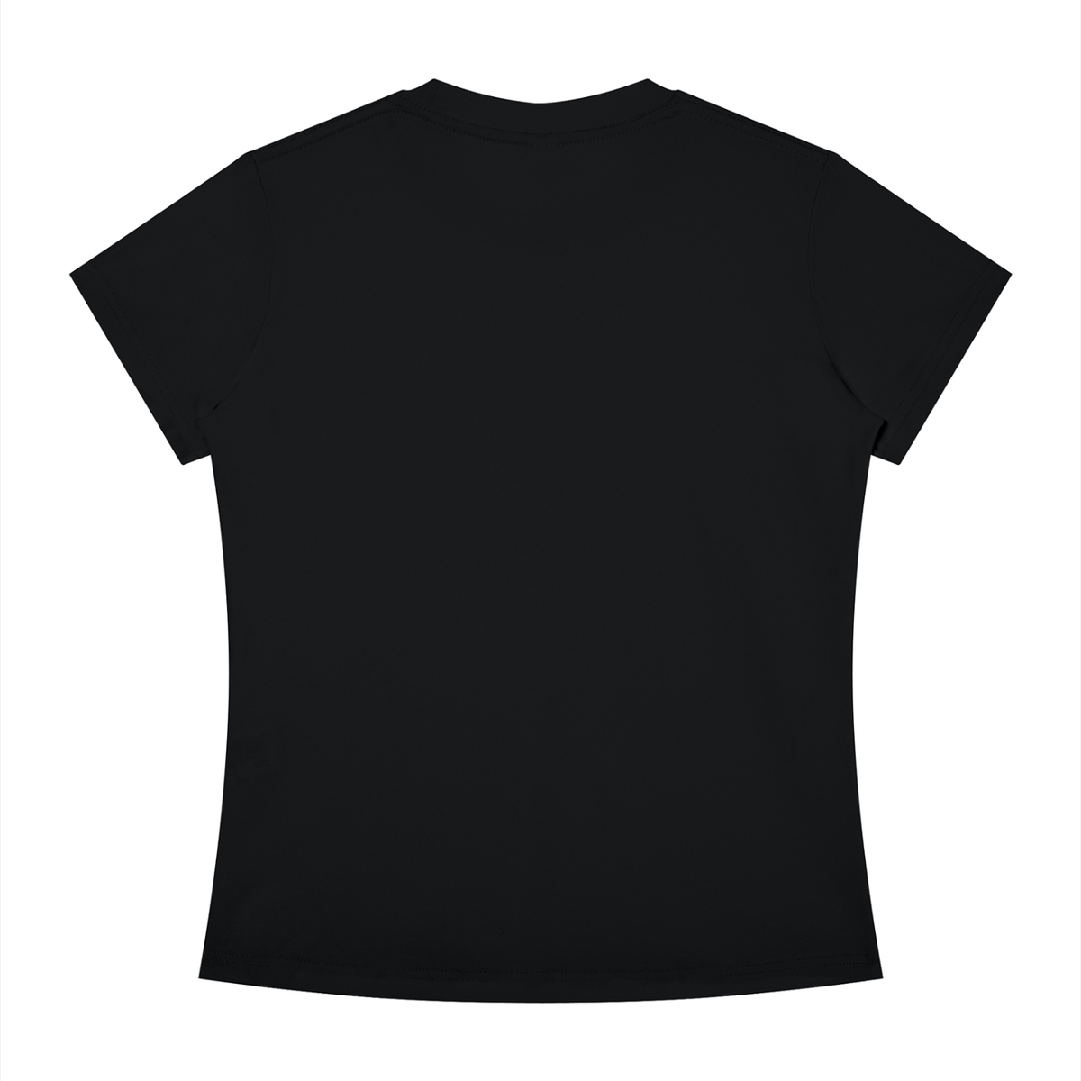 A black short-sleeve crewneck t-shirt shown from the back, laid flat against a solid white background.