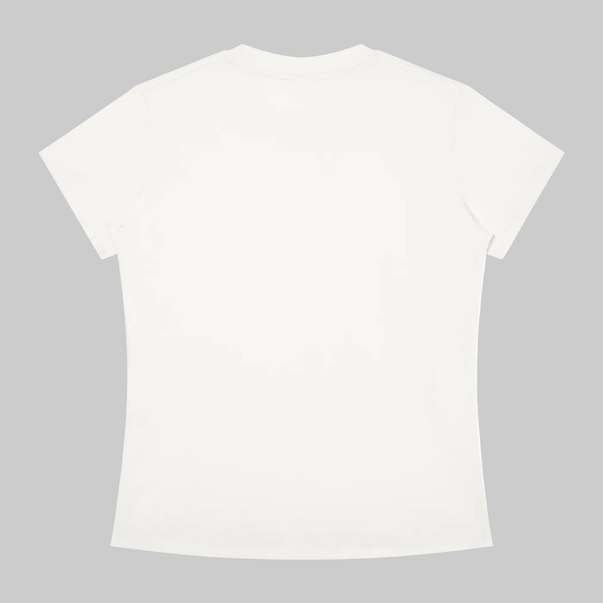 A plain white short-sleeve crewneck t-shirt shown from the back, laid flat against a white background.
