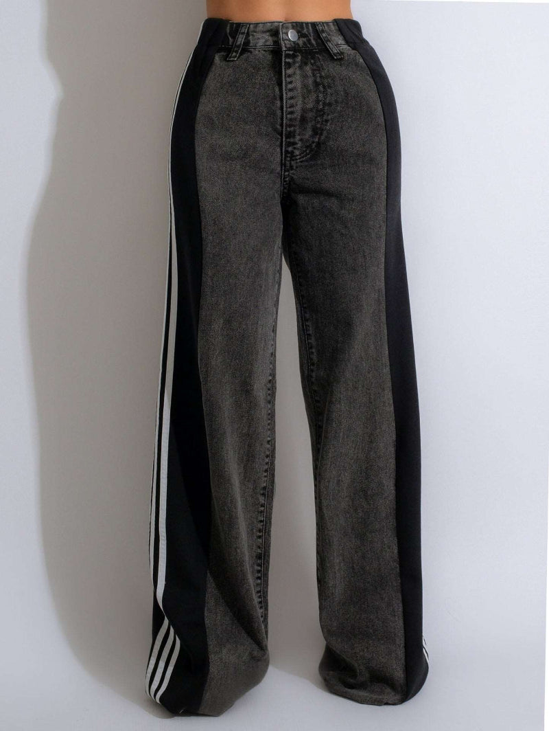 Women's Striped High Waist Straight Leg Denim Pants - Lunacy Deals & Designs