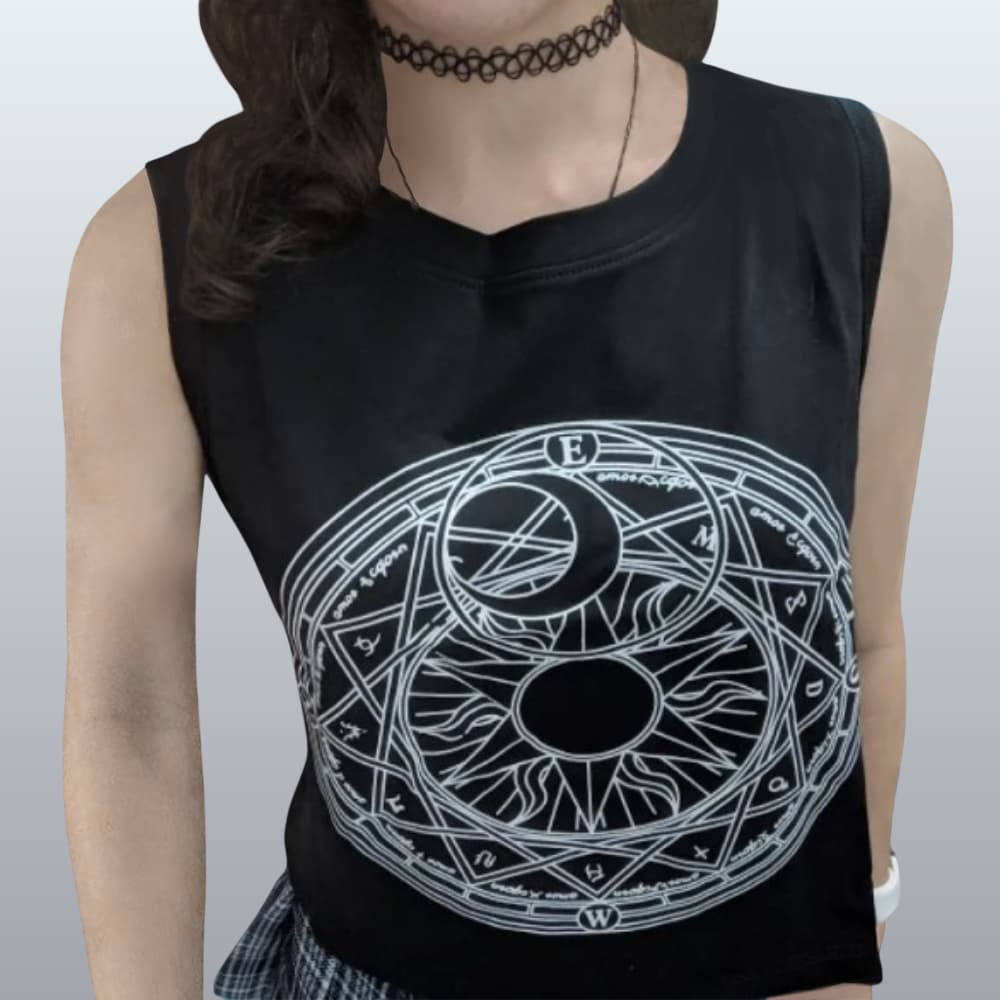 Black sleeveless shirt with white circular design featuring celestial elements on a plain background