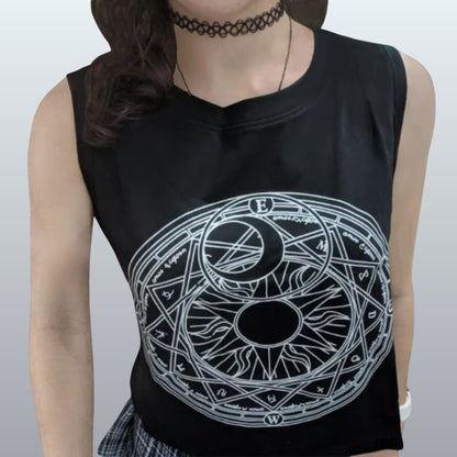Black sleeveless shirt with white circular design featuring celestial elements on a plain background