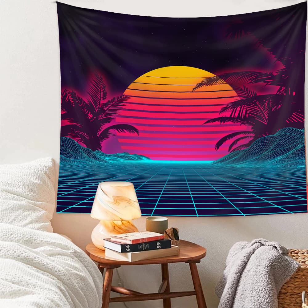 Tapestry with a retro sunset design hanging on a wall above a small table.
