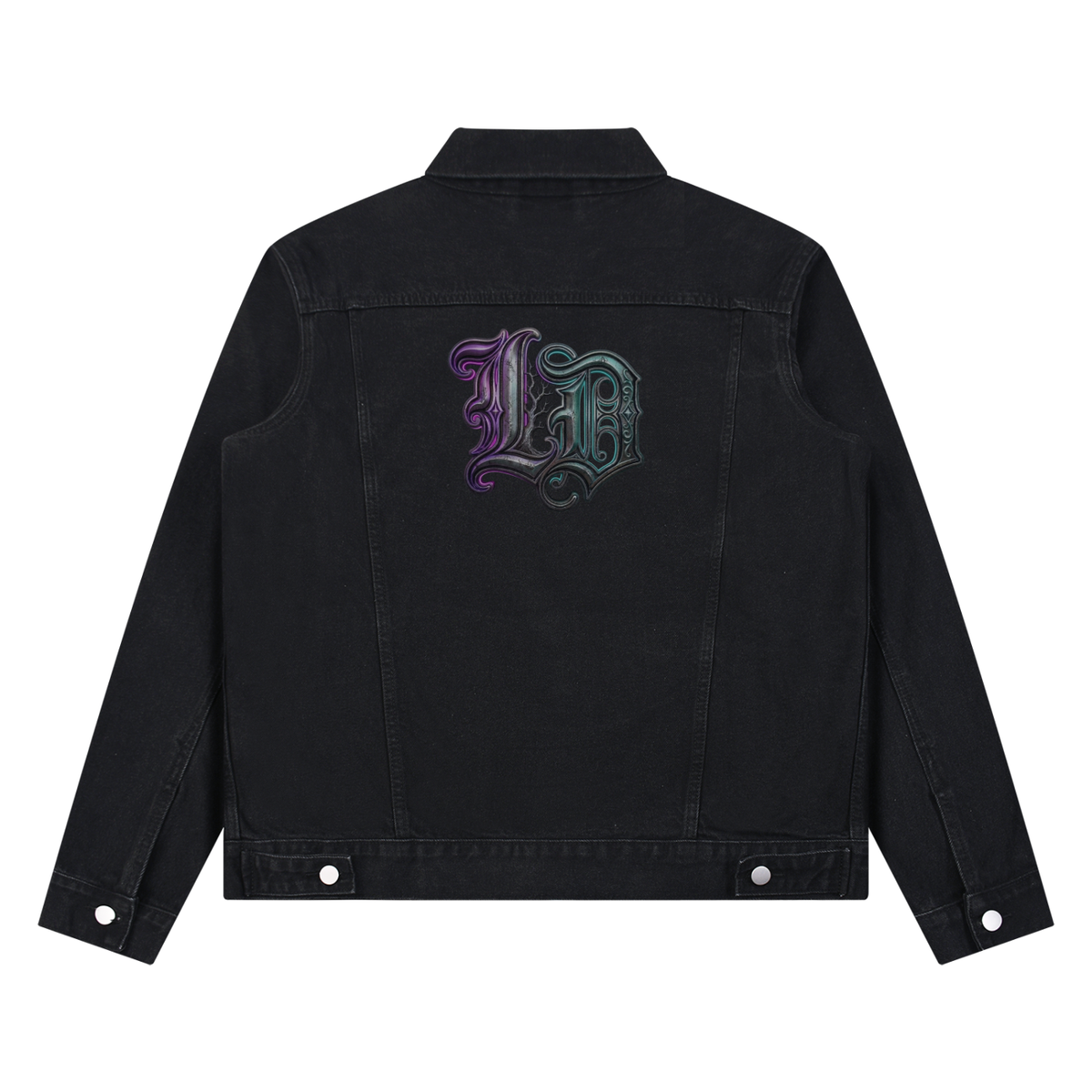 A black denim jacket shown from the back, featuring a large decorative gothic logo in a purple-to-teal gradient on the upper back, set against a plain white background.