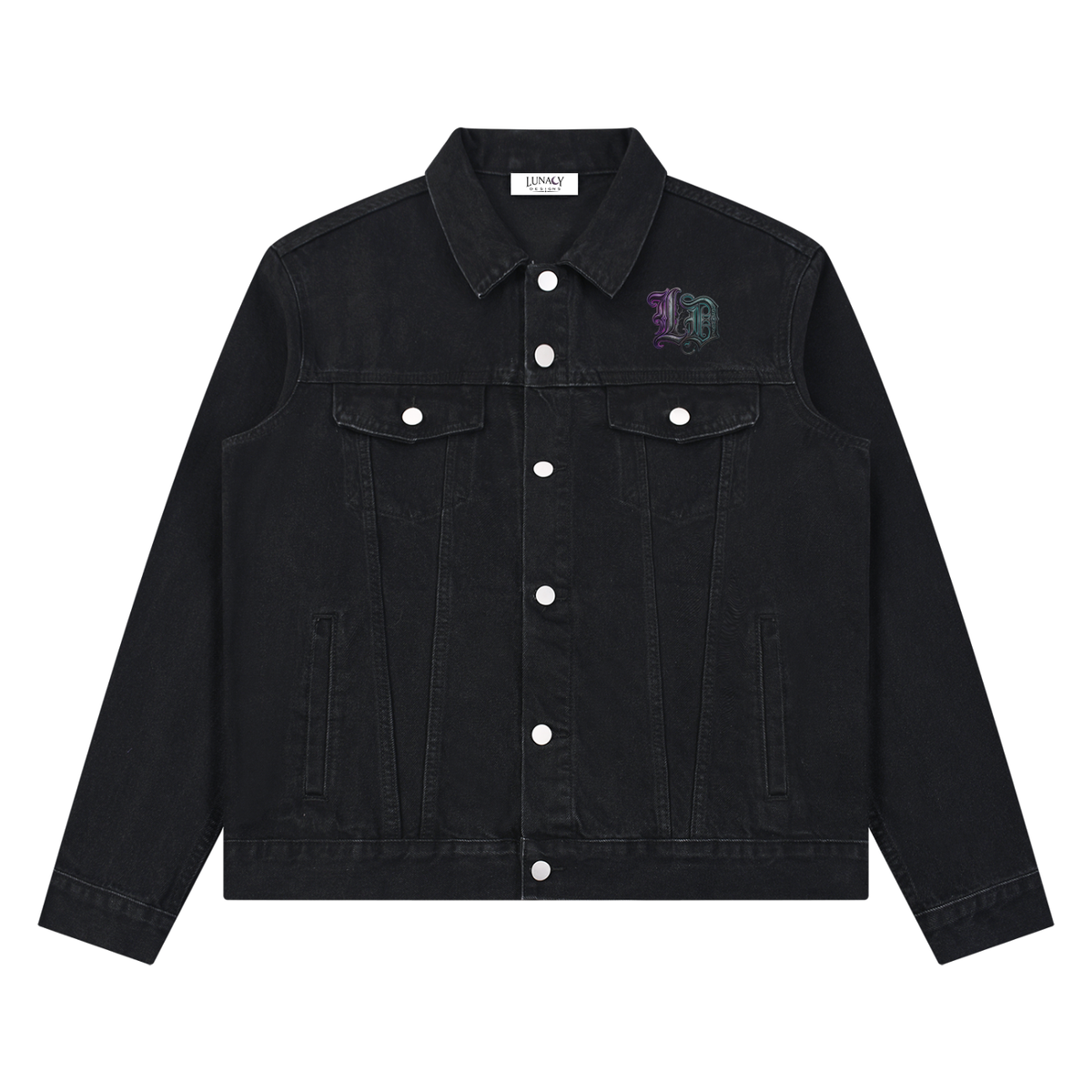A black denim jacket with a purple and green logo on the left chest, displayed flat against a solid white background.