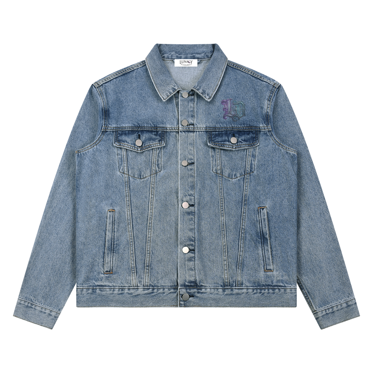 A light blue denim jacket with silver-tone buttons, two chest flap pockets, and a small purple logo on the left chest, shown flat on a white background.