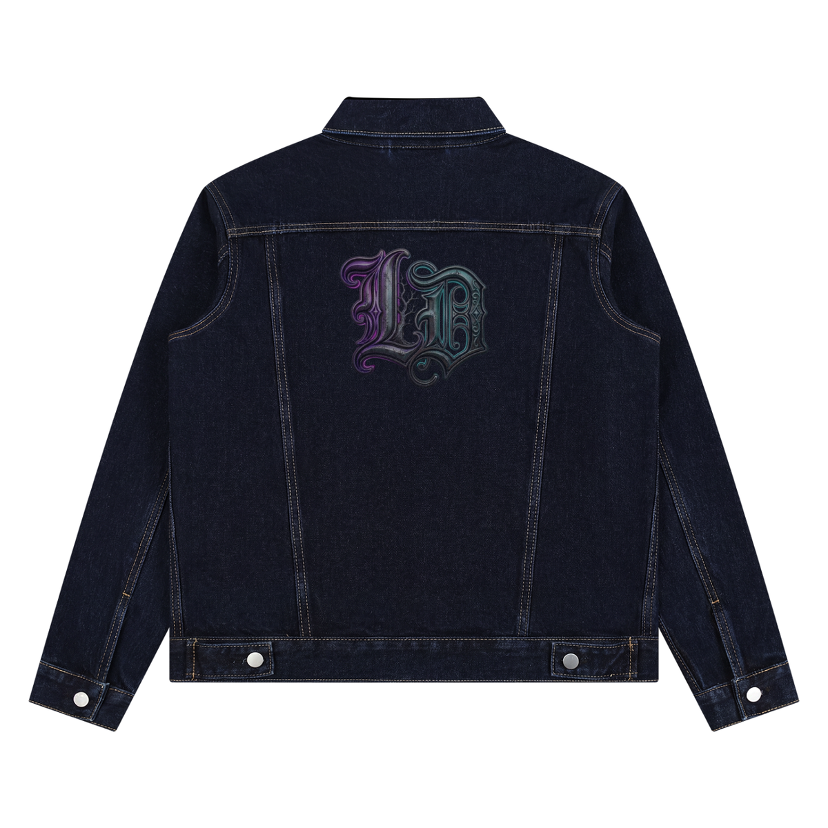 A dark navy blue denim jacket shown from the back, featuring a large decorative logo in a purple-to-teal gradient on the upper back.