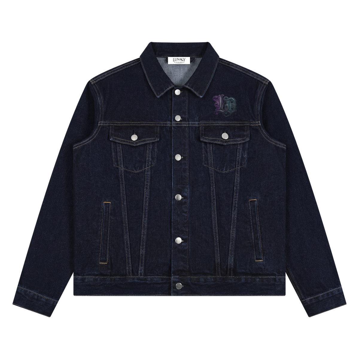 A dark indigo denim jacket with silver-tone metal buttons, featuring a small embroidered purple and green logo on the left chest, displayed against a solid white background.