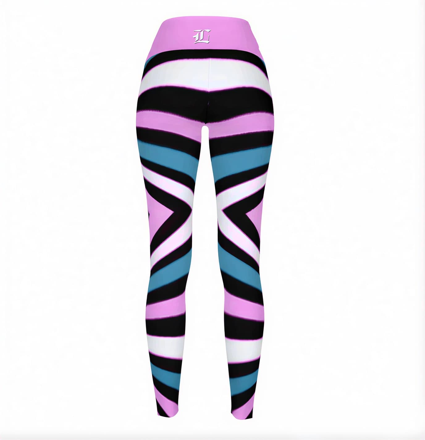 Colorful striped leggings with a logo on a white background