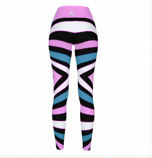 Colorful striped leggings with a logo on a white background