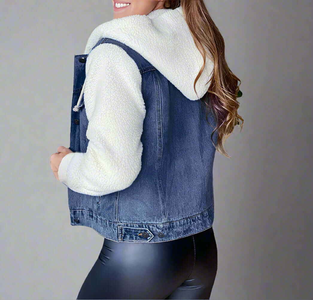 Woman wearing a denim vest with white sherpa lining on a white background