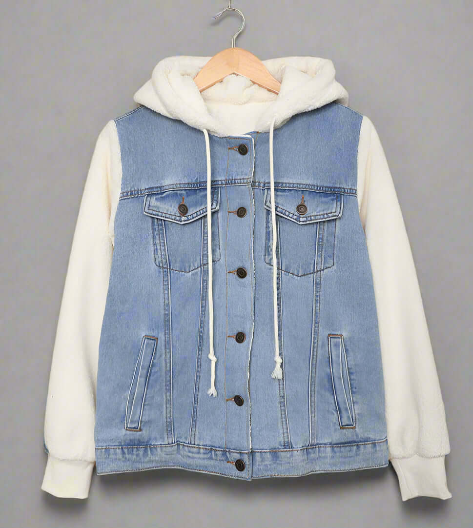 Denim jacket with white hoodie on a beige background