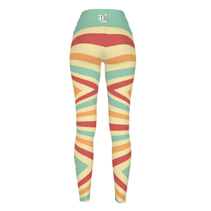 A pair of high-waisted leggings with a multicolored geometric stripe pattern. The leggings are primarily green at the top, transitioning into a series of vibrant stripes.