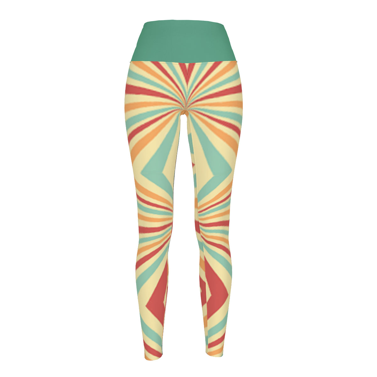 A pair of high-waisted leggings with a multicolored geometric stripe pattern. The leggings are primarily green at the top, transitioning into a series of vibrant stripes.