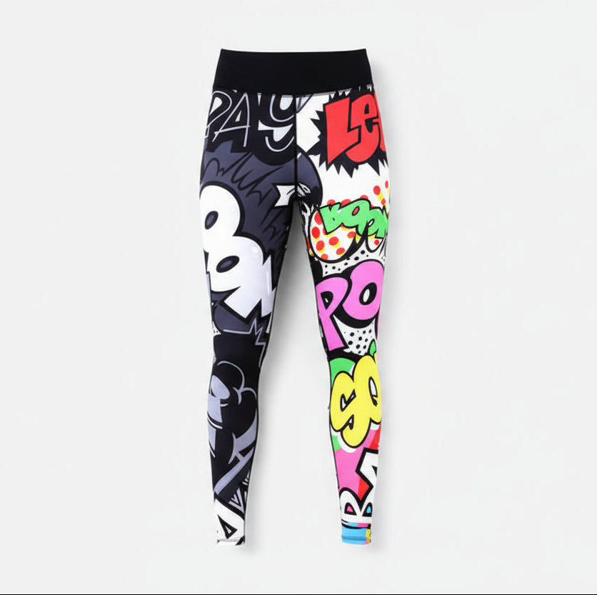 Colorful graphic leggings with various designs on a white background