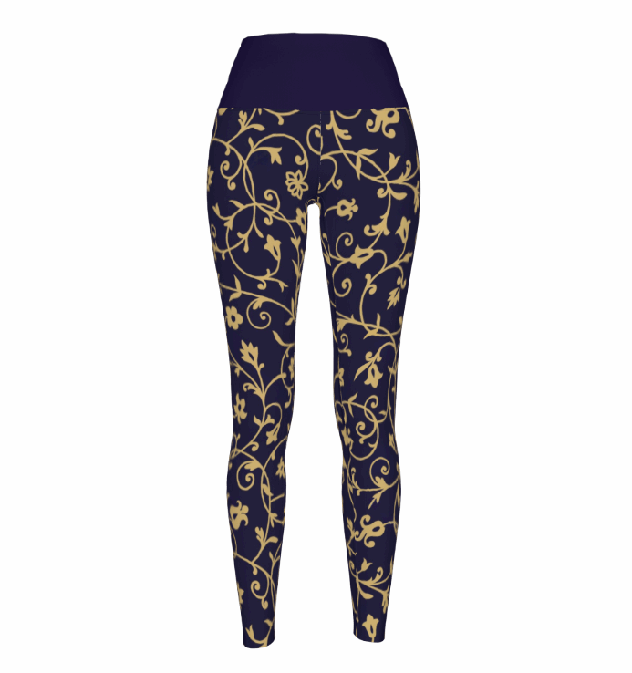 A pair of women's high waist stretchy leggings featuring a golden vine pattern on a white background.