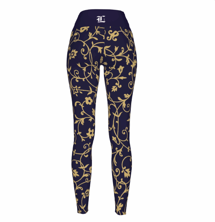 A pair of women's high waist stretchy leggings featuring a golden vine pattern on a white background.