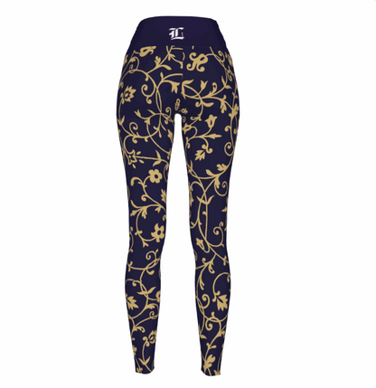 A pair of women's high waist stretchy leggings featuring a golden vine pattern on a white background.