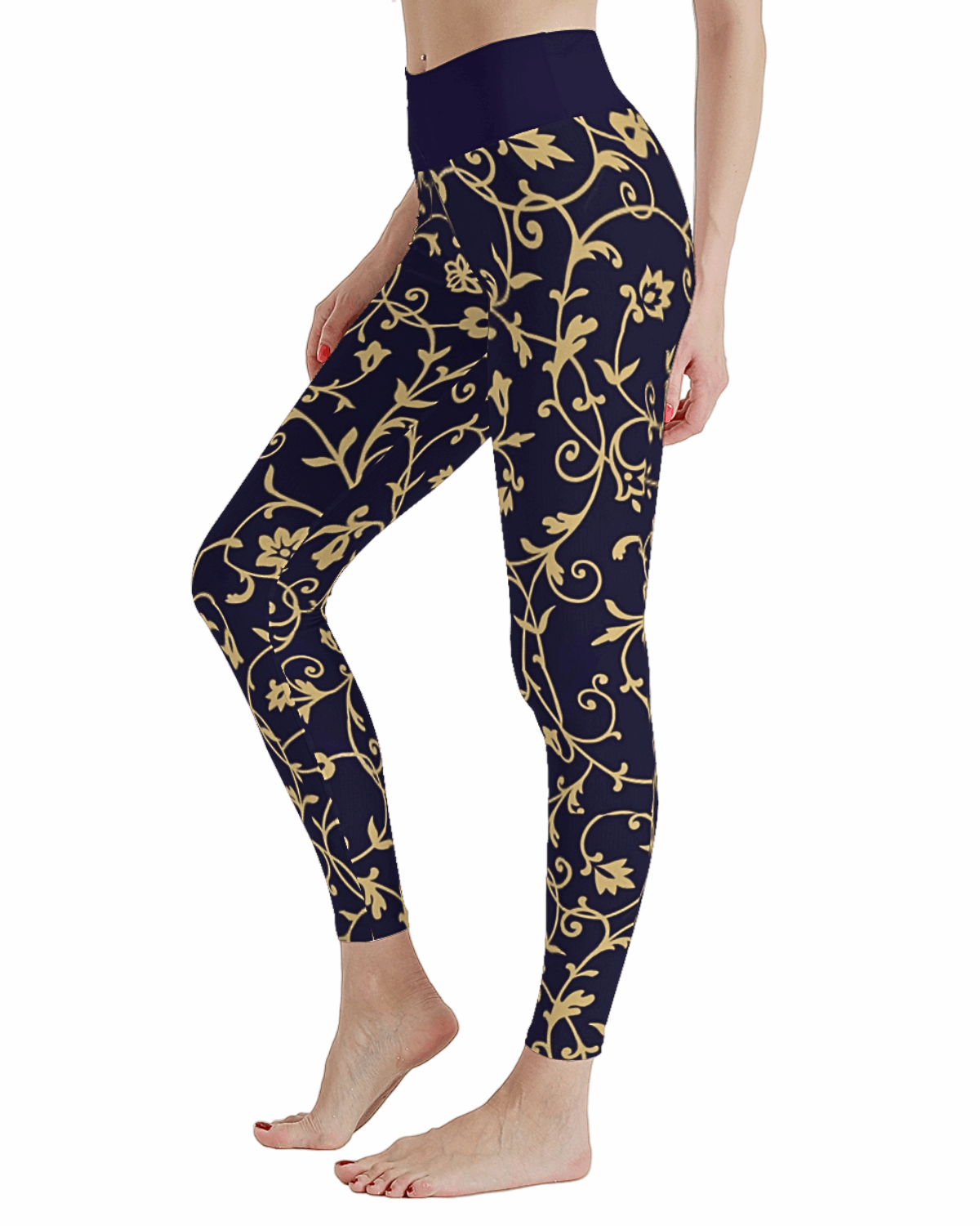 A pair of women's high waist stretchy leggings featuring a golden vine pattern on a white background.