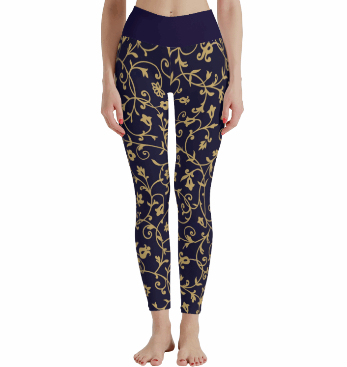 A pair of women's high waist stretchy leggings featuring a golden vine pattern on a white background.