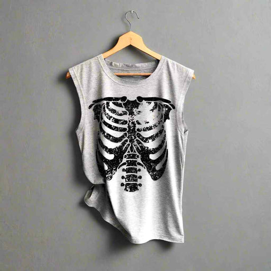 Gray sleeveless shirt with black skeleton design on a hanger against a gray background