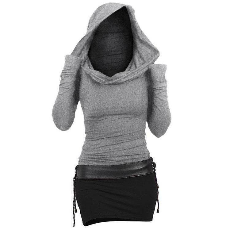 Women's Hooded Long Sleeved Belted Dress grey
