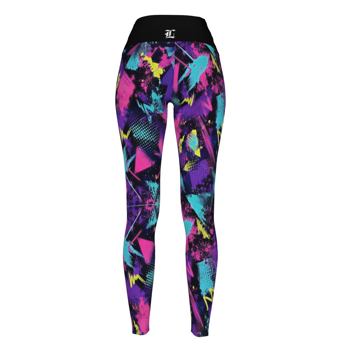 High-waisted athletic leggings with a vibrant multicolor geometric print in pink, purple, teal, and yellow on a black base, featuring a black waistband with a small white logo.