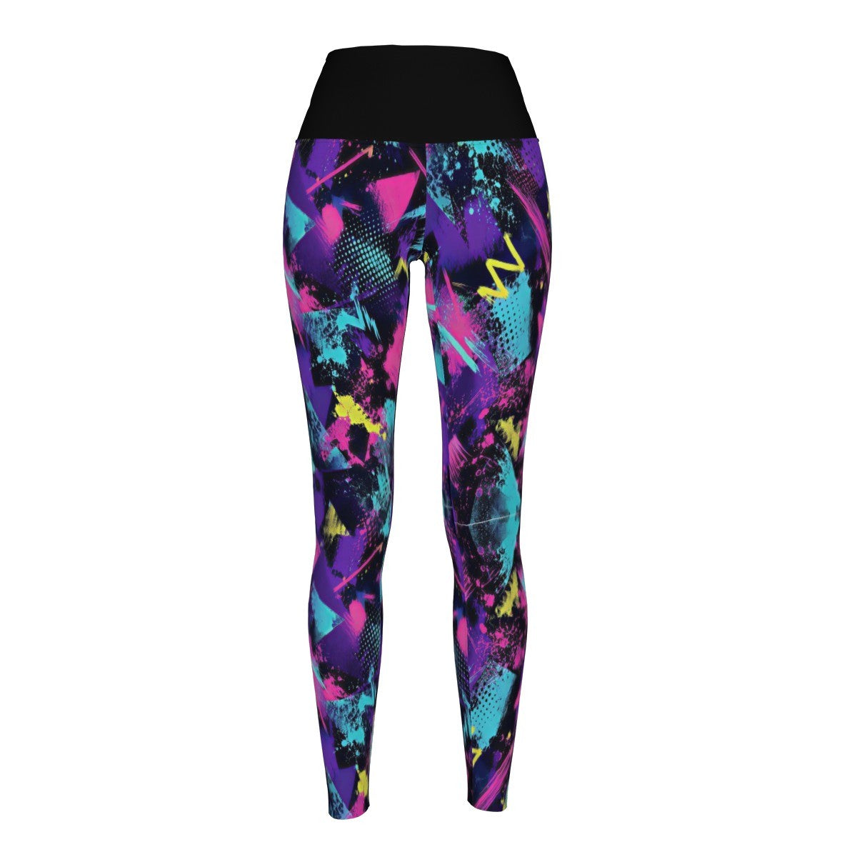 High-waisted athletic leggings with a vibrant multicolor abstract graffiti pattern in purple, blue, pink, and yellow, featuring a solid black waistband.