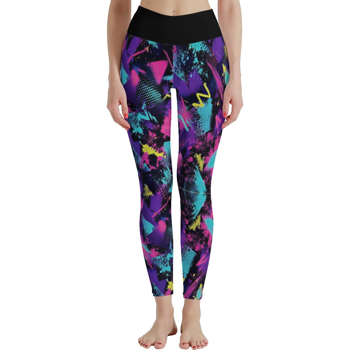 A person modeling high-waisted leggings with a bold abstract print in purple, pink, blue, and yellow on a black background.