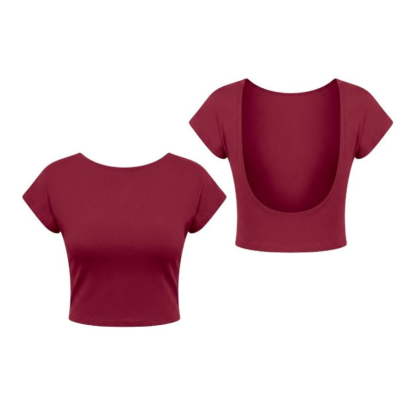 A short-sleeve crop top shown from both the front and back views. The top is a deep burgundy or maroon color, displayed on a clean white background.