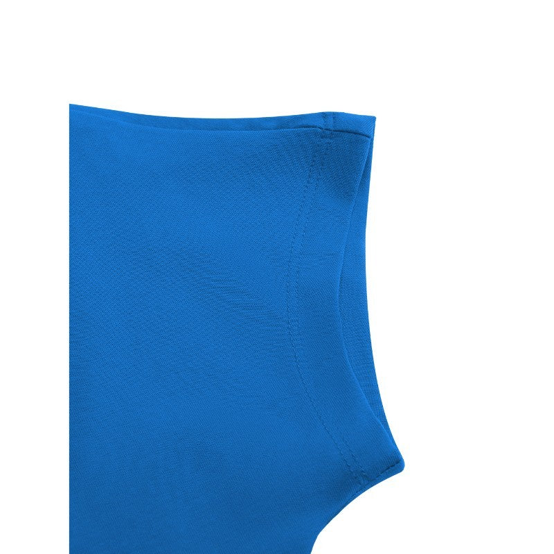 A close-up of a bright blue sleeveless top or bodysuit showing the shoulder and upper chest area with a fine knit texture, set against a plain white background.